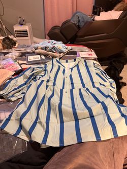 Blue and White Striped Women's Blouse