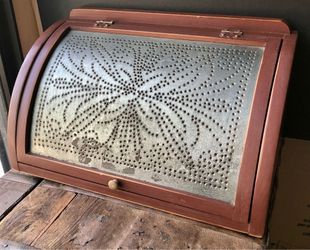 VTG Wood Punched Tin Bread Box Slant Front Butterfly Starburst Primitive Rustic