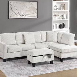 3-Piece Sectional Set W/ Ottoman RAF Chaise + LAF Sofa + Storage Ottoman