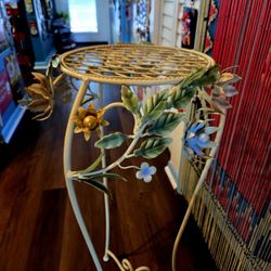 Vintage Italian Toleware Metal Plant Stand Floral Accent Wooven Style Top Handpainted 33.5"×12"
