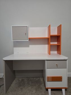 Modern White and Orange Desk with Storage Shelves