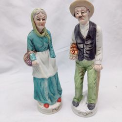 Vintage Hand Painted Farmers Old Lady & Man Basket Bisque Figurines 9" Tall Devi