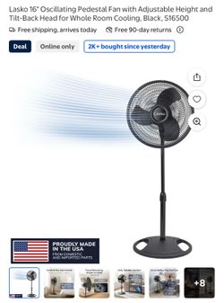Lasko 16" Oscillating Pedestal Fan with Adjustable Height and Tilt-Back Head for Whole Room Cooling, Black, S16500