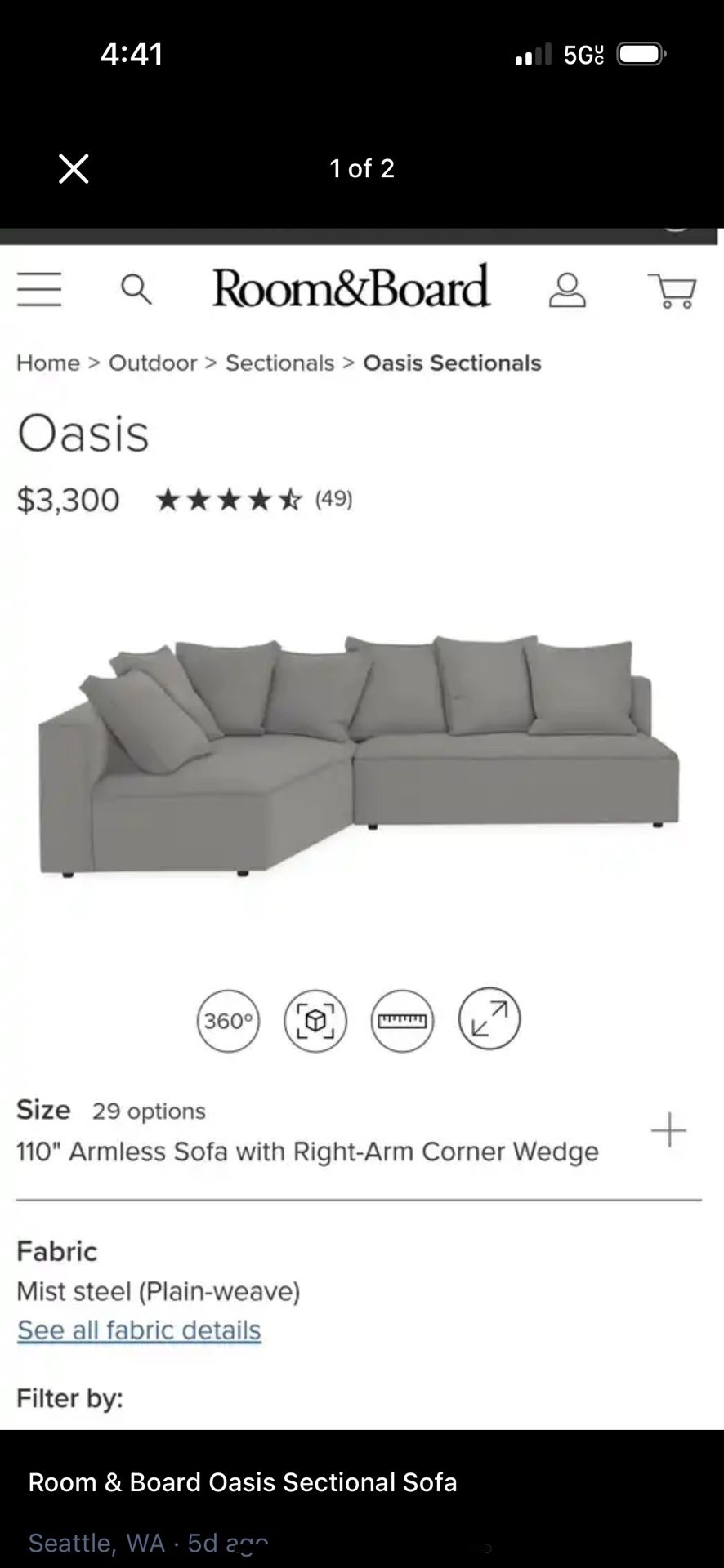 LOW PRICE MOVING- ROOM AND BOARD $3,500 LARGE OASIS SECTIONAL COUCH