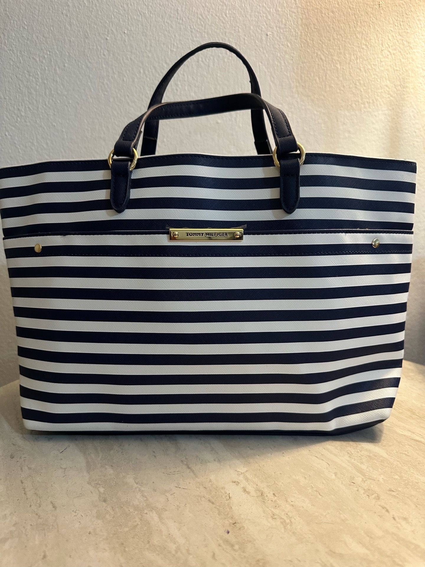 NWOT Tommy Hilfiger Navy White Striped Tote Bag Logo Plaque Gold Hardware