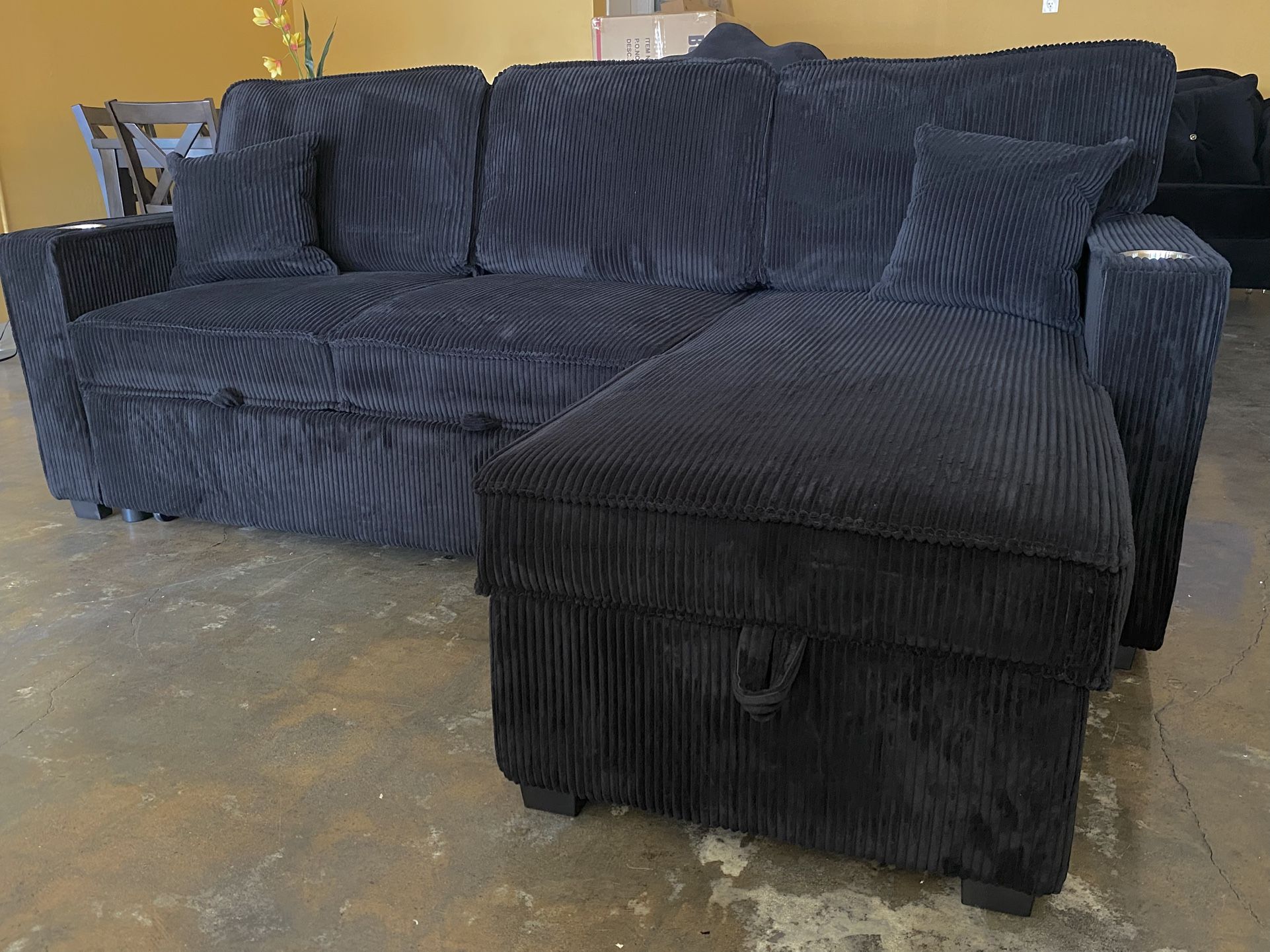Sleeper Corduroy Black Sectional USB Charger