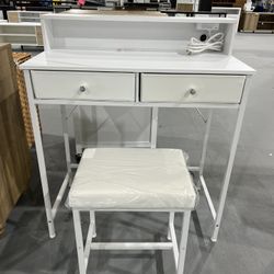 M-New Seventable Vanity Desk with Stool, 2 Fabric Storage Drawers & Power Outlets, Modern Makeup Vanity with Tool Hook for Bedroom, Writing Desk for S