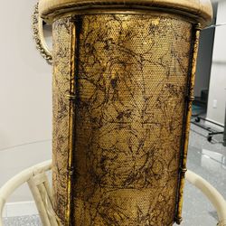 Vtg Italian Hollywood Regency Gold Leaf Small Round Iron Wastebasket Trash Can