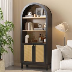 70" Tall Arched Cabinet, 5-Tier Arched Cabinet with Adjustable & Open Shelves, Rattan Door & Metal Handle, Arched Storage Cabinet Arched Bookshelf Dis