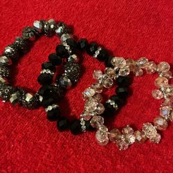 3 Sparkly Crystal Stretch Band Bracelets…Clear Crystal,black Crystal W/ Rhinestones,and Grey Crystal