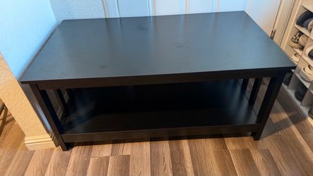 Mission-style side table; black wooden coffee table with shelf; black tea table