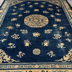 Vintage Hand-Knotted Chinese Peking Rug – Navy Blue & Gold – Wool