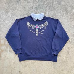 Vintage 90’s Morning Sun Floral Embroidered Collared Grandma Sweater Blue