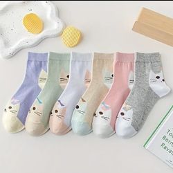 (6) Pairs Kitty Mid Calf Socks