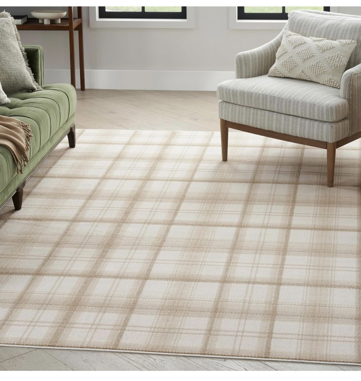 Nourison Grafix Plaid Ivory Beige 7'10" x 9'10" Area Rug, Easy Cleaning, Non Shedding