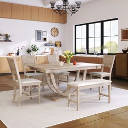 6-Piece Wood Half Round Dining Table Set Kitchen Table Set with Long Bench and 4 Dining Chairs, Modern Style, Natural