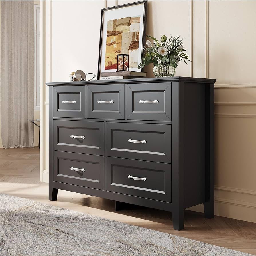7 Drawers Dresser for Bedroom, Wood Bedroom Dresser Farmhouse Drawer Chest, 7 Chest of Drawer, Tall Dresser for Closet, Dressers Organizer