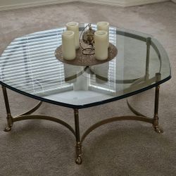 Hexagonal glass top, brass base coffee table