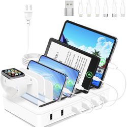 50W 6-Ports USB Charging Station with10-Slot, Sturdy Dividers, Watch Holder, Compatible with Phone/iPad/Kindle/Tablet (6 Short Cables Included)