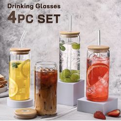 Glass Cups "20oz",Glass Cups with Lids and Straws 4 pcs-DWTS Coffee Cups,Drinking Glasses Set,Glass Tumbler with Straw and Lid
