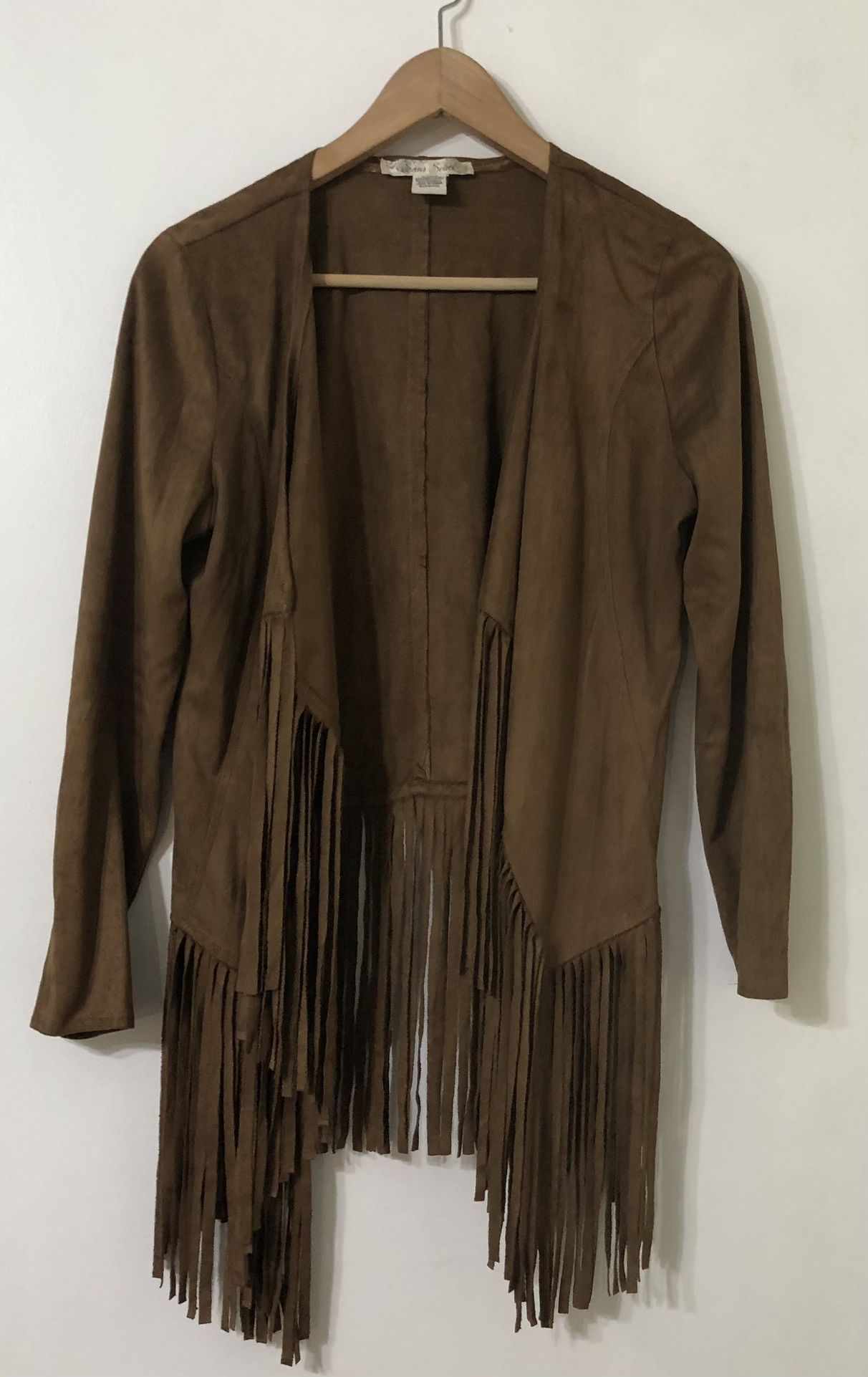 Women’s open cardigan Faux Suede leatherFringe Retro Chic long sleeves brown. S