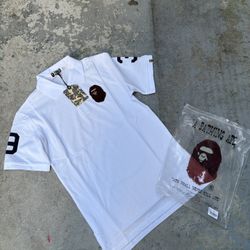 A Bathing Ape White Polo Shirt with Logo Patch White Bape Polo Size L