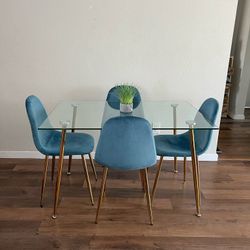Blue Gold Modern Velvet Glass Dining Set 