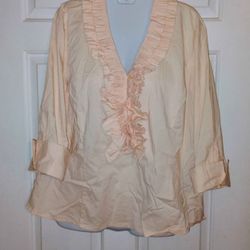 #56 • Vintage Women's Front Ruffle Blouse Size L • Zipper On The Side Of Sleeve • Tag Was Removed 