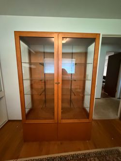 Vintage large wooden glass display cabinet case 47” x 20” x 72”