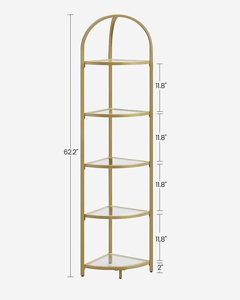 Corner Shelf Stand, 5 Tier Corner Bookshelf, Tempered Glass Shelves, Modern Style, Plant Stand with Steel Frame for Living Room, Bedroom, Kitchen, Bat