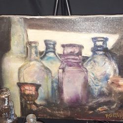 Oil Painting And Desert Baked Glass Antique Bottles