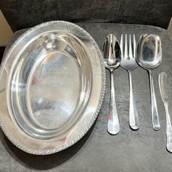 Antique Silver (Tray & 4 Pieces Silverware )
