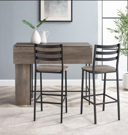 High Top 3 Piece Drop Leaf Counter Table Dining Set with Storage, 48", Grey Wash(New In A Box)