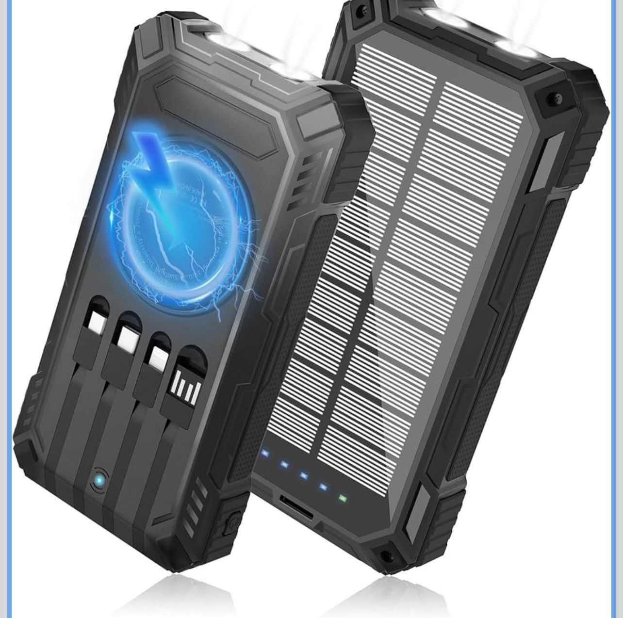 Solar Power Bank 49800mAh - Wireless Portable Charger 15W Fast Charging with 4 Built-in Cables. Equipped with a Powerful Flashlight, IP65 Outdoor Wate