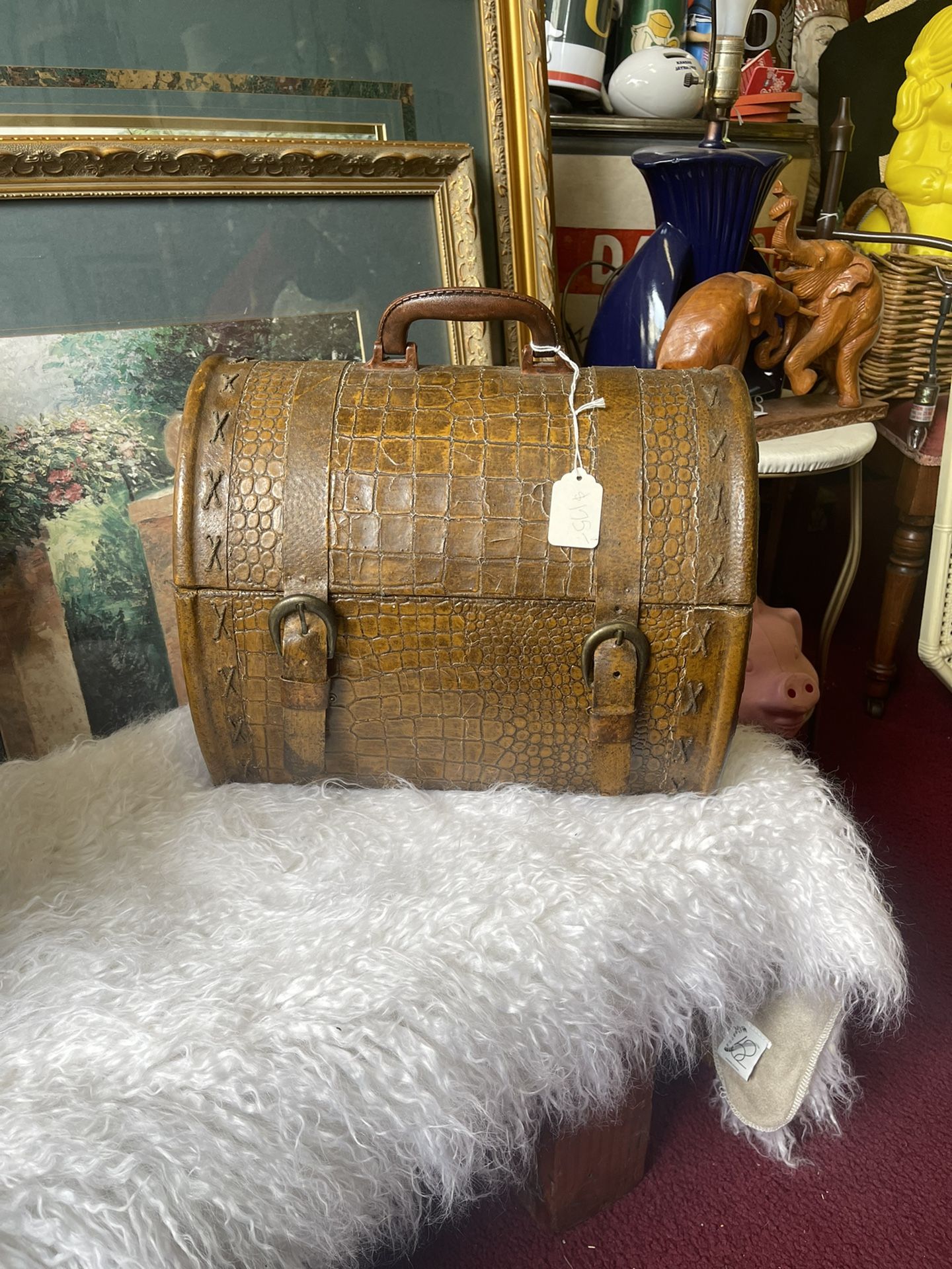 Vintage 1980s Faux Crocodile Leather Hard Bag Box With Handle