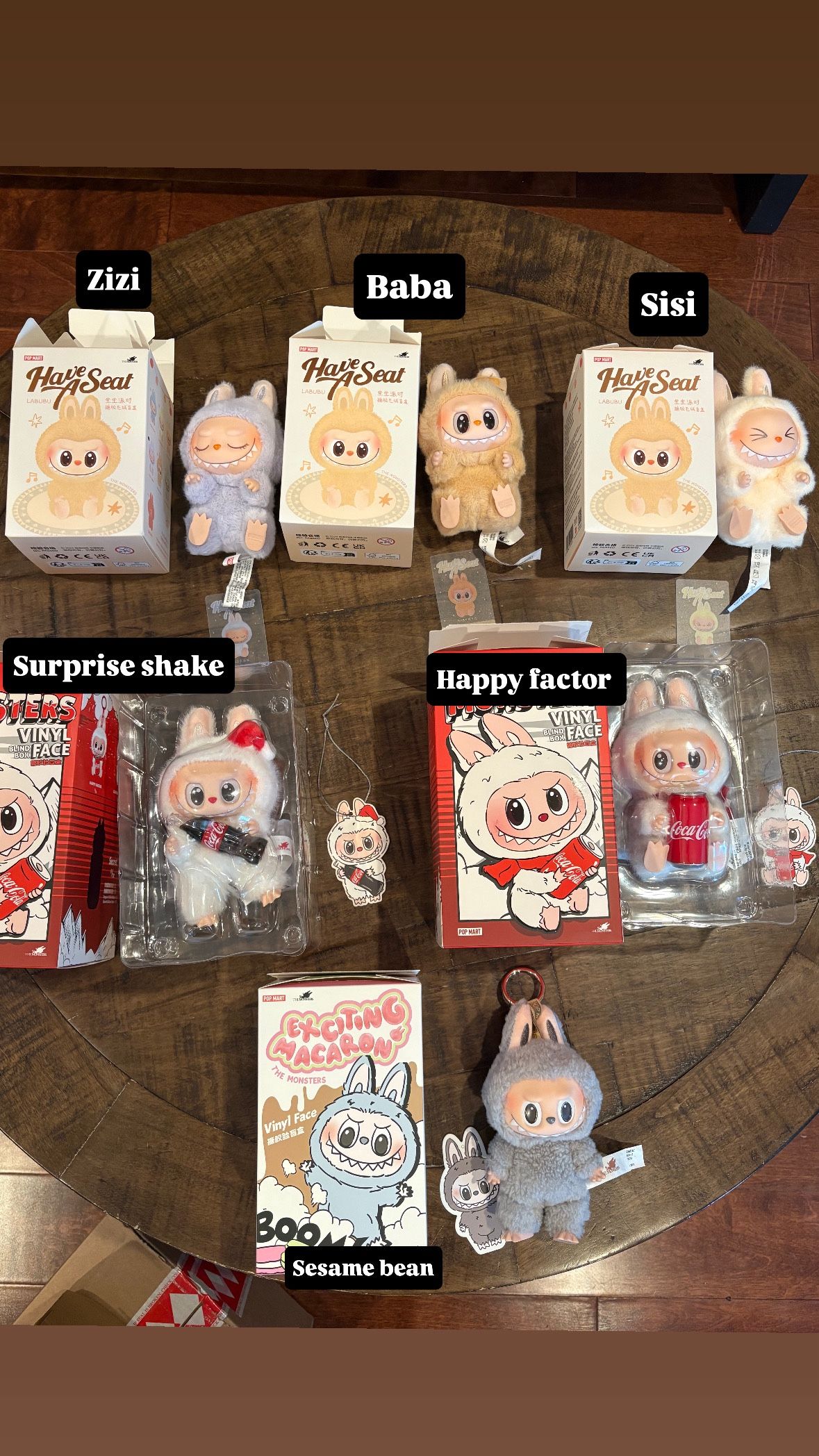 Pop Mart Labubu The Monsters Tasty Macarons Sesame Bean, Coca Cola Surprise Shake, Happy Factor, Have A Seat Zizi Baba & Sisi