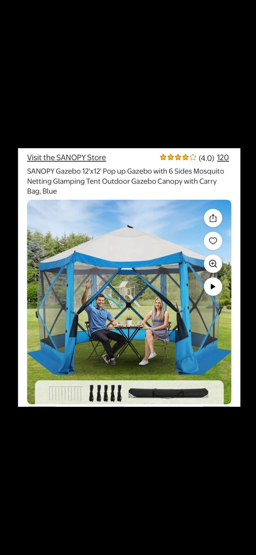 SANOPY Gazebo 12'x12' Pop up Gazebo with 6 Sides Mosquito Netting Glamping Tent Outdoor Gazebo Canopy with Carry Bag, Blue **PICK UP ONLY **