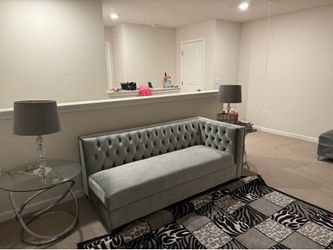 Modern Gray Velvet Sectional Set + Rug + Lamp + Tables Included