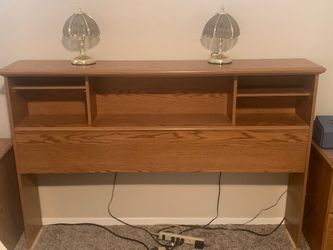 Queen size Oak Bookcase Headboard with Storage Shelves