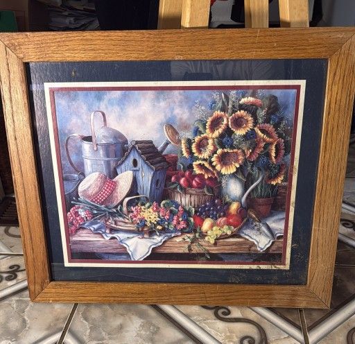 Decorative Still Life Painting with Sunflowers and Birdcage. 19x23
