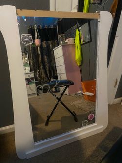 vanity with engraved mirror