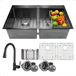 33in Double Bowl Drop-In Sink W/ Faucet.