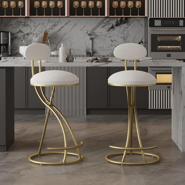 Set Of 2 Gold Metal Counter Height Bar Stools with White PU Leather Seat Upholstered Dining Chair with Footrest [NEW] **Assembly Req** 