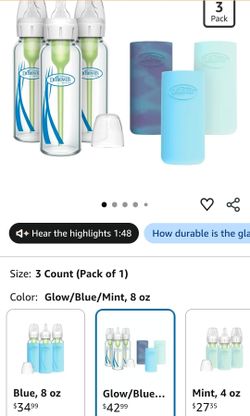 Dr. Brown's Anti-Colic Options+ Narrow Glass Baby Bottles with Silicone Sleeves, Blue, Glow, Mint