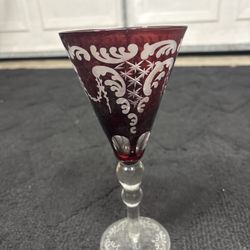 Vintage Cranberry Red Etched Cordial Glass
