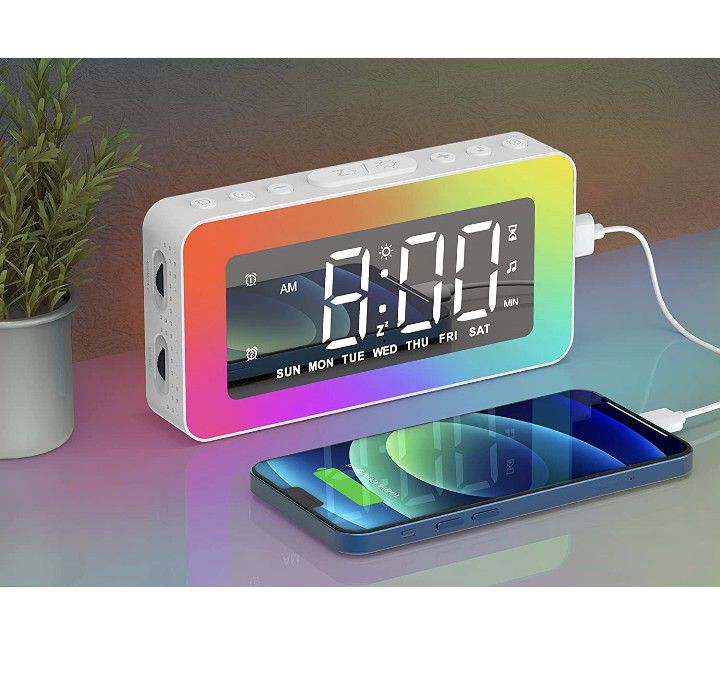 Alarm Clocks for Bedrooms, Mirror Clock with 8 RGB Atmosphere Light, Dual Alarms, 3 Alarm Modes, Snooze, Sleep Aid, Timer, USB Charger, Bedside Digita