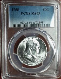 1955 U.S. FRANKLIN SILVER HALF DOLLAR 50c COIN (PCGS-Graded MS63)