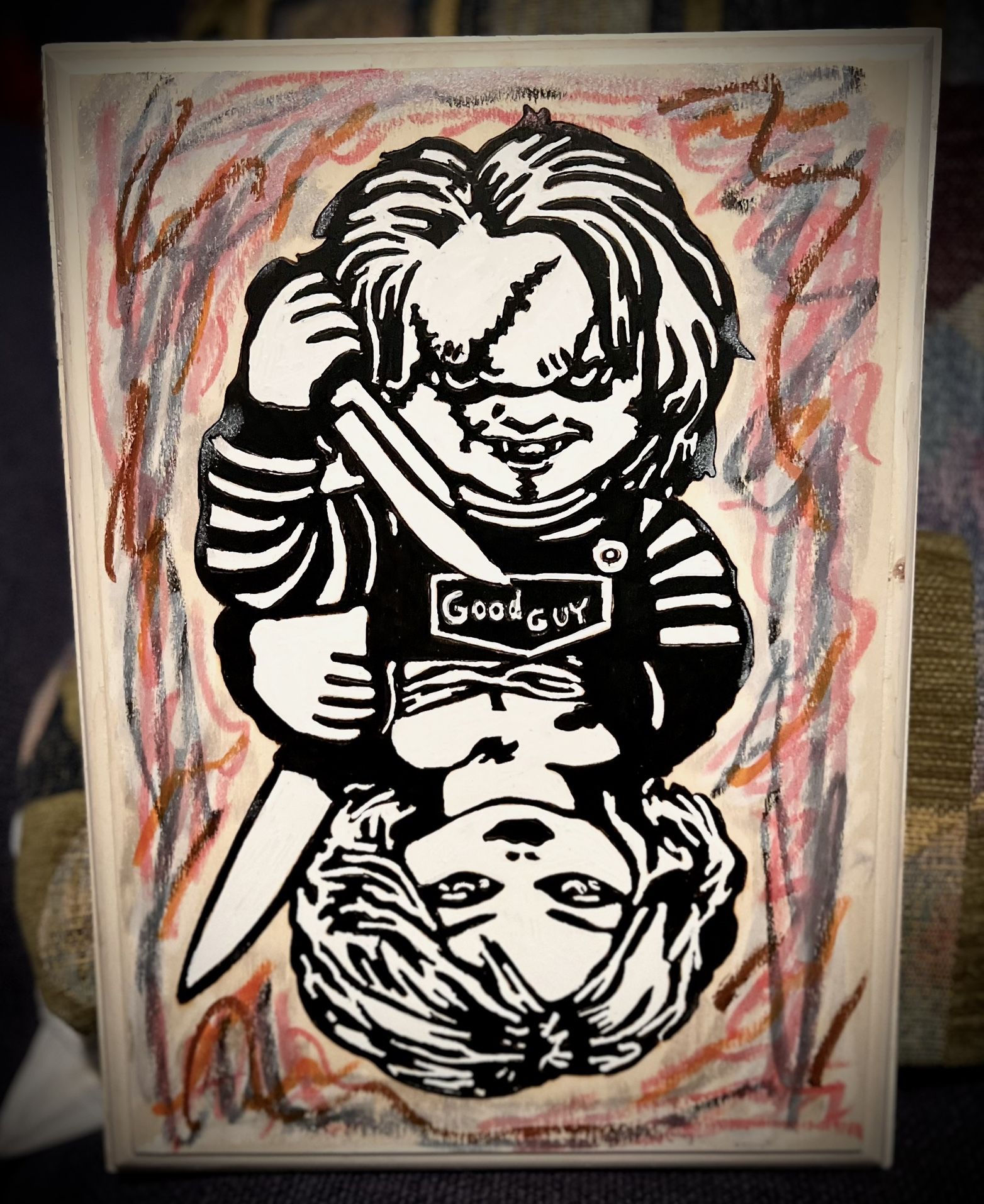 Woodburned Chucky And His Bride Plaque