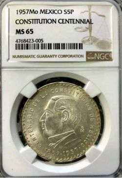 1957 5 Pesos Silver Coin  Constitution Centennial  NGC MS 65