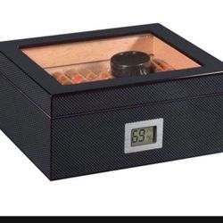 Box with Digital Hygrometer and Humidifier, Carbonk Fiber Glass Top Case Gift Set, Cedar Wood Accessories Gift 